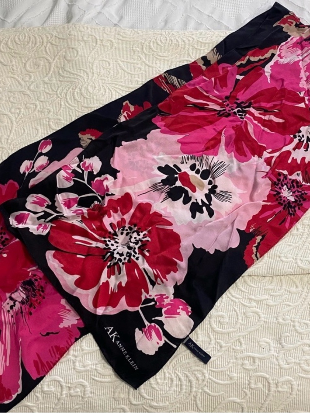 Anne Klein Black Silk Scarf with Pink & Red Floral Print